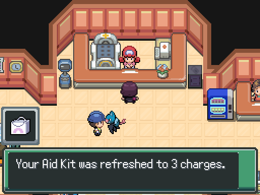 The Aid Kit being restored at a PokeCenter.