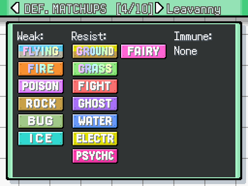 Looking at Leavanny's defensive type matchups in the MasterDex. It's been improved a lot compared to previous games!
