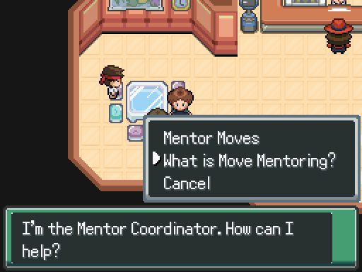 Interacting with the Mentorship Coordinator inside a PokeCenter.